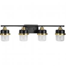  P300425-31M - Beckner Collection Four-Light Matte Black Clear Glass Urban Industrial Bath Light with Vintage Brass