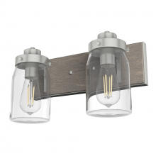  48019 - Hunter Devon Park Brushed Nickel and Grey Wood with Clear Glass 2 Light Bathroom Vanity Wall Light